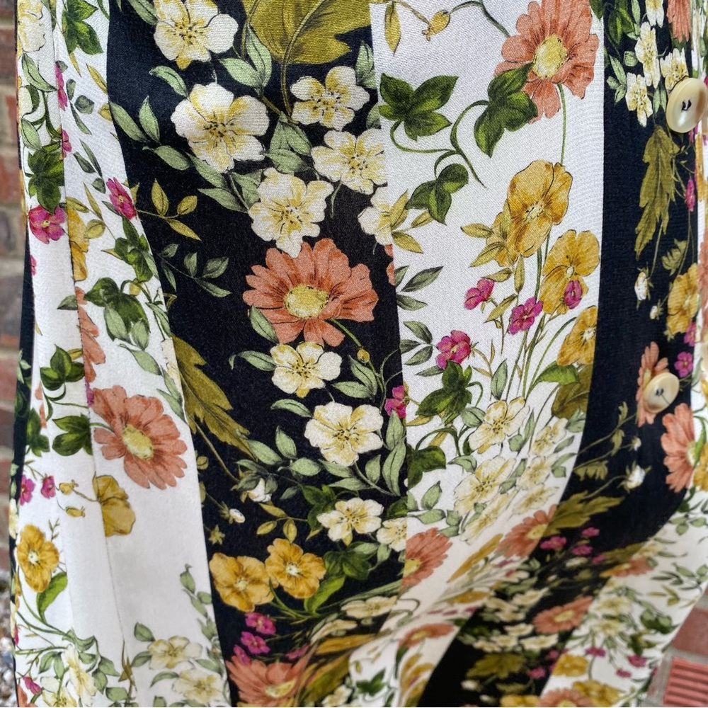 MNG Size L Floral Print Vintage Look Midi Maxi Dress Stripe Button Up Waist Belt - Picture 11 of 11